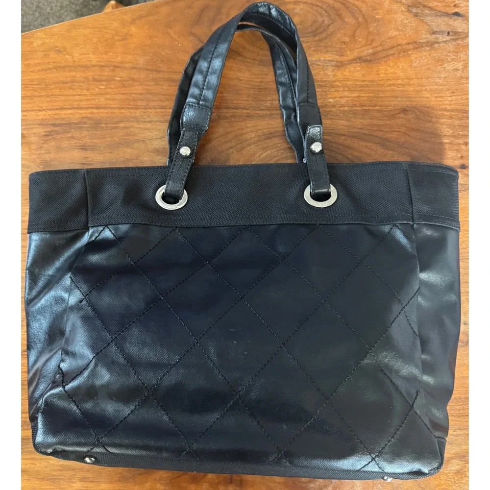 Chanel Paris Biarritz Tote Bag Black Quilted Coated Canvas Leather Silver HW